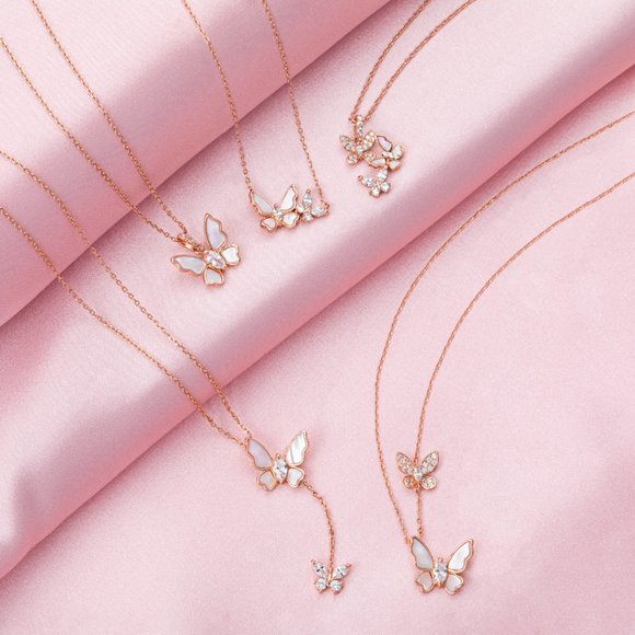 Rose Gold Butterfly Necklace with pink Mother of Pearl, Charmed Aroma - Picture 2 of 8